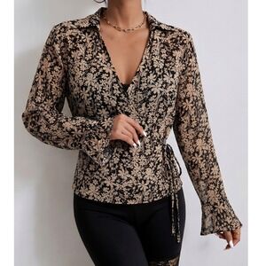 Ann Taylor Loft 100% Silk Floral Wrap Blouse Black Tan Slim Fit Y2K Top Size 10